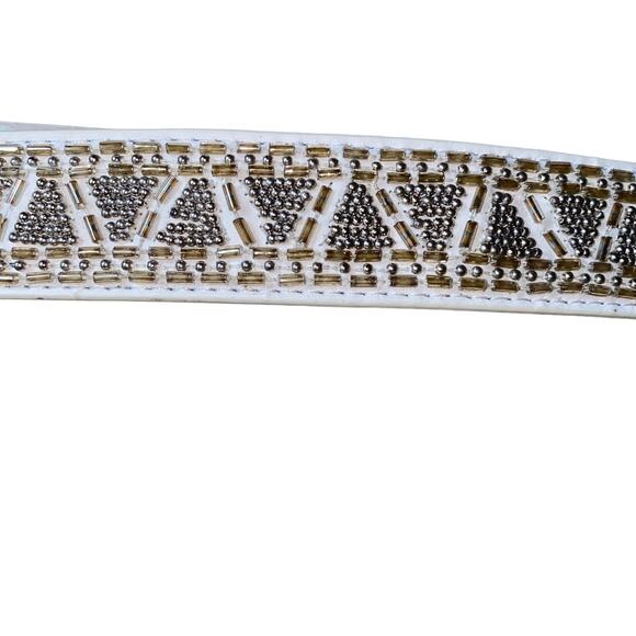 White House Black Market Beaded Studded Rhinestone snap button elastic belt sz S - Picture 3 of 16